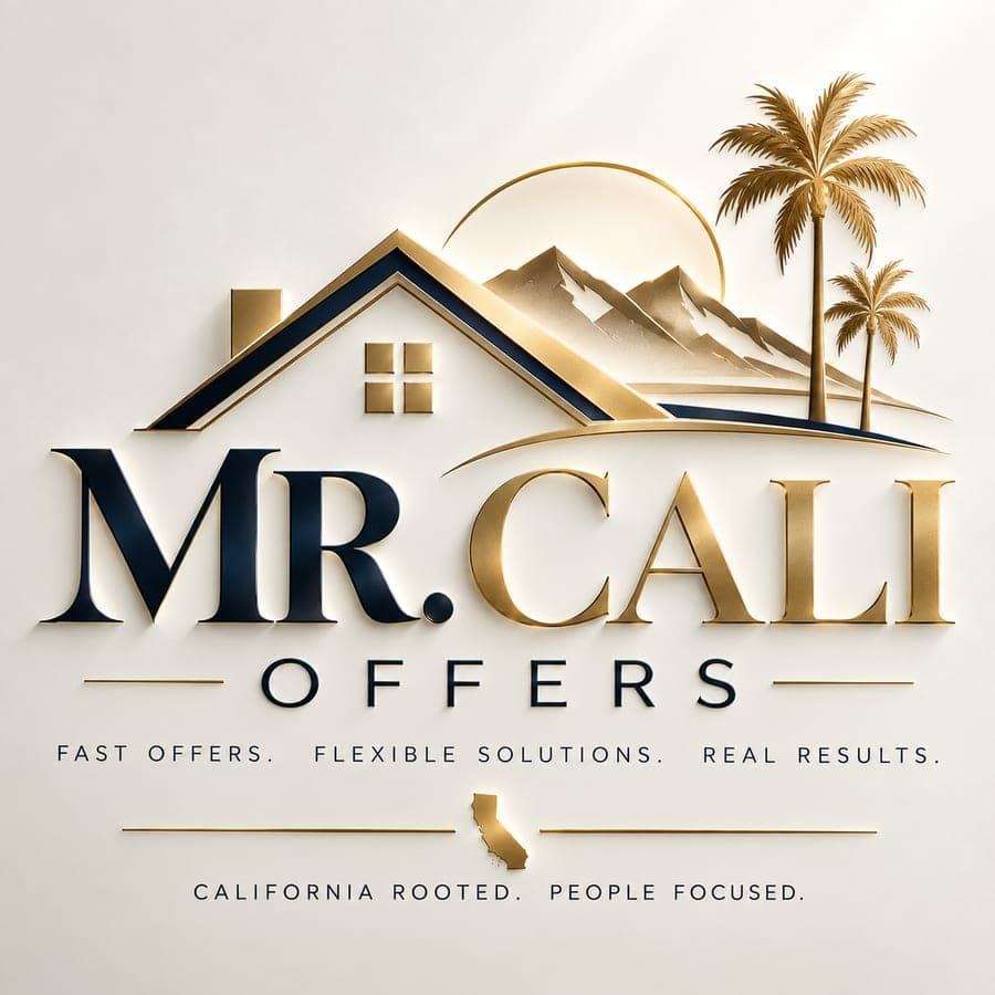 The Mr. Cali Offers logo: a house with mountains and palm trees above the words Mr. Cali Offers, with the lines Fast offers, flexible solutions, real results, and California rooted, people focused, and a gold outline of California.